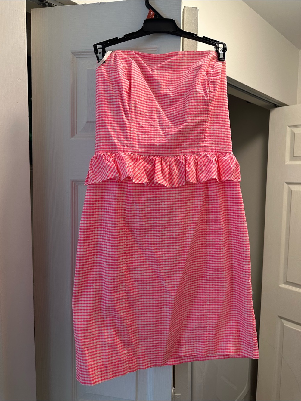 Lilly Pulitzer Pink Gingham Strapless Ruffle Dress